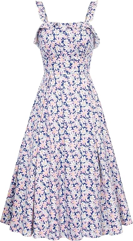 Belle Poque Women's 2024 Summer Floral Flowy Dress Square Neck Strappy Swing A Line Beach Midi Boho Dress