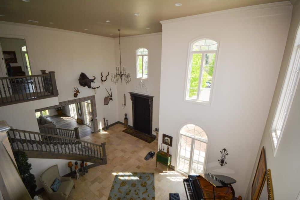 View of the great room and foyer from the balcony loft.