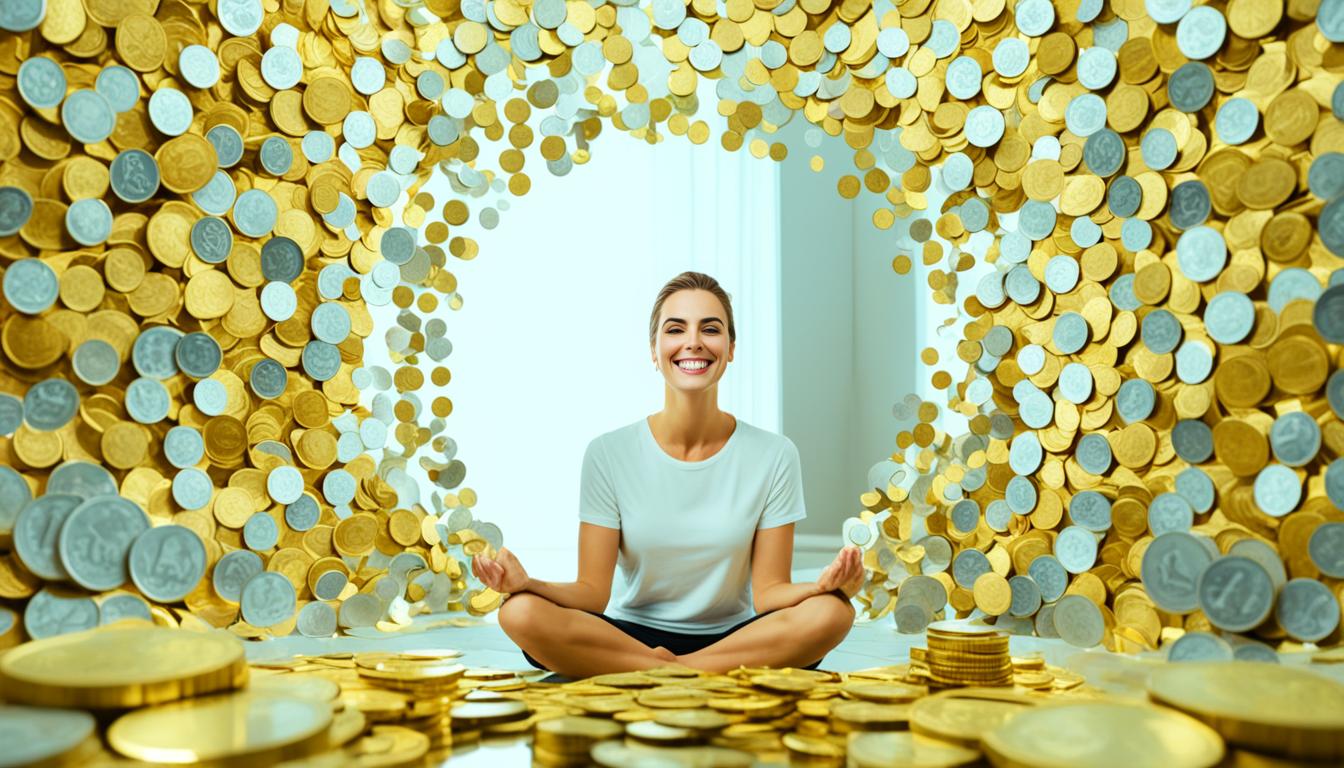 A person sitting cross-legged in front of a mirror, surrounded by piles of money and gold coins. The reflection in the mirror shows the same person with a bright, confident smile, radiating self-love and gratitude. The room is filled with a warm, abundant glow, and there is a sense of peace and contentment in the air.