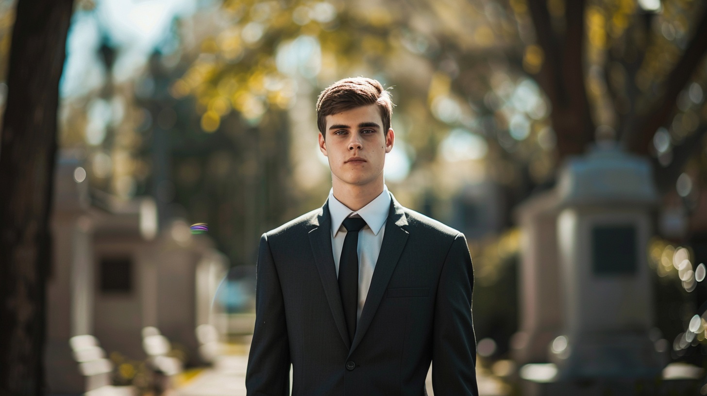 Respectfully dressed man at a funeral, wearing a black or dark grey suit with a white shirt, dark tie, and polished black shoes; subdued setting with soft natural light; calm, solemn expression; respectful body language; background of a church or outdoor memorial service dignified and understated atmosphere