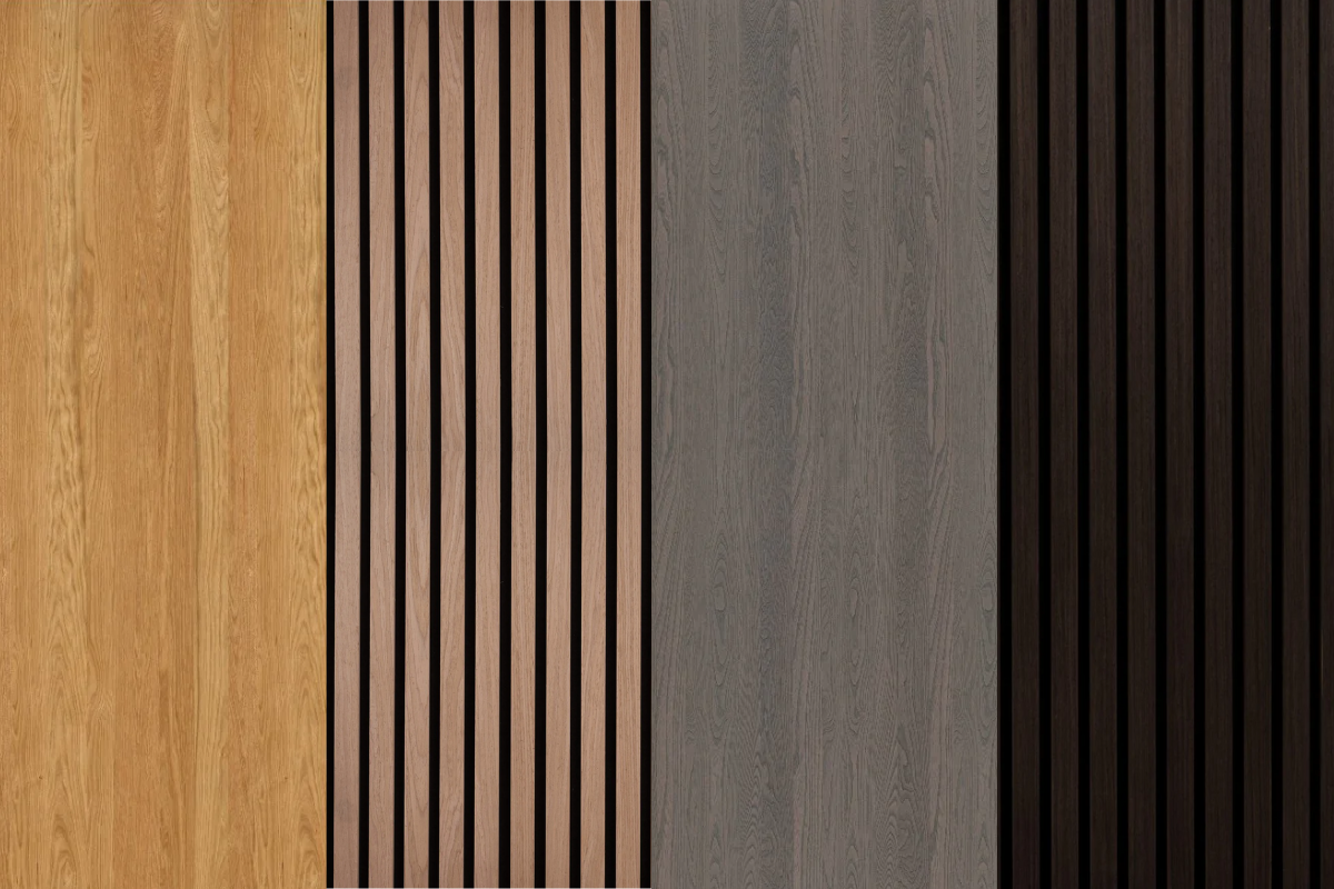 Collage showcasing different types of wall panels including wood, fluted, acoustic, and veneered designs.