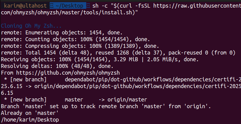 Terminal output showing Oh My Zsh installation using curl and sh command