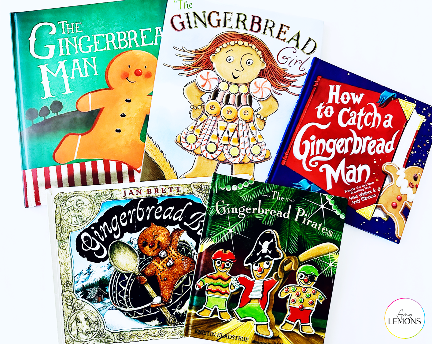 5 Gingerbread picture books spread across a table.