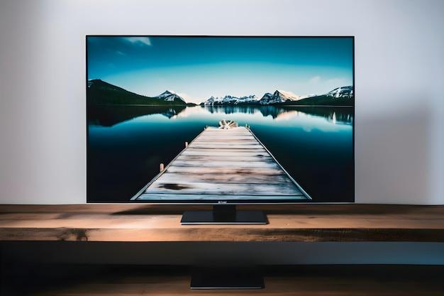 Laptop screen on table in living room with lake view stock photo