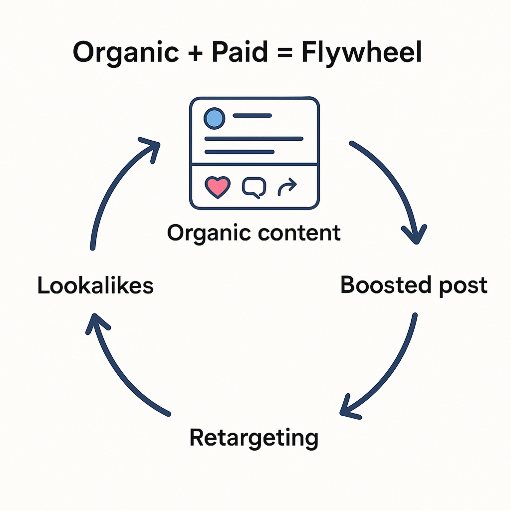 A circular flowchart or flywheel graphic showing the cycle: Organic content → Boosted post → Retargeting → Lookalikes → Back to organic