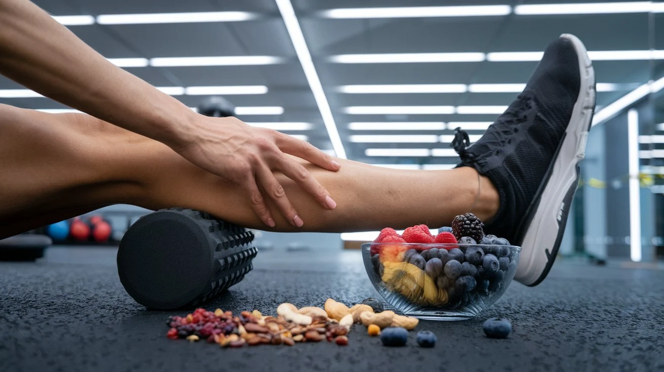 person stretching or using a foam roller with a bowl of anti-inflammatory foods like berries, nuts, and seeds nearby.