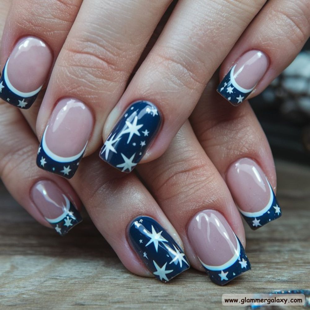 Summer French Tip Nails , Celestial Starry Tips