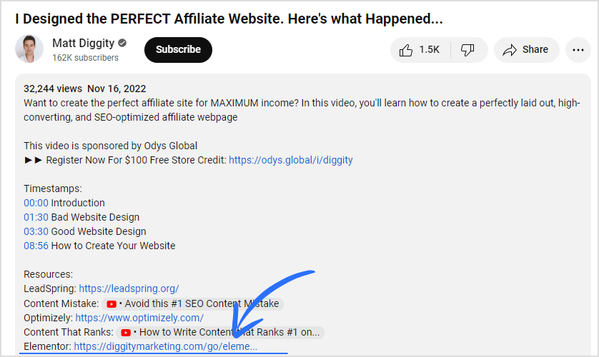 Branded affiliate link of Matt Diggity in YouTube description