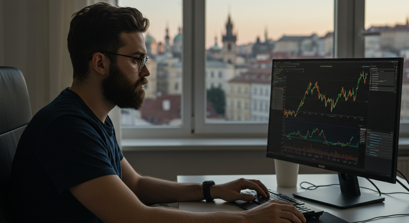 A man from Czechia trading cryptocurrency looking at his computer