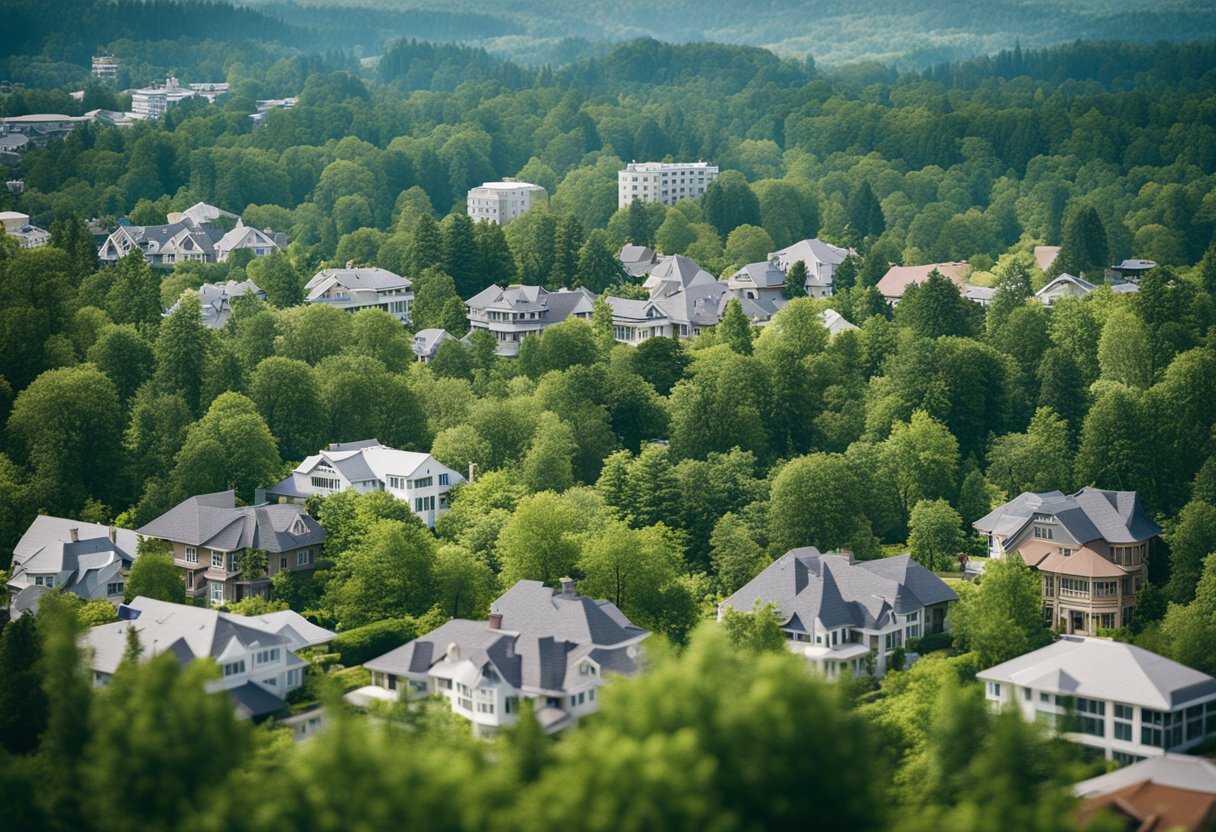 A variety of property types, including residential, commercial, and industrial buildings, surrounded by trees and greenery