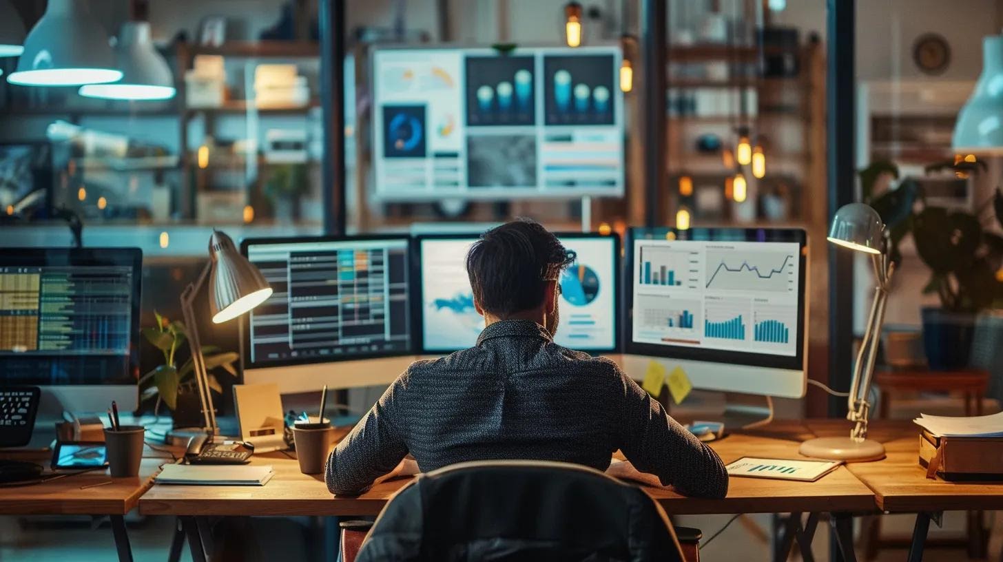 a modern office space filled with sleek technology displays shows a focused marketer analyzing data-driven insights on a digital dashboard to craft personalized cold email campaigns, illuminated by dynamic led lighting.