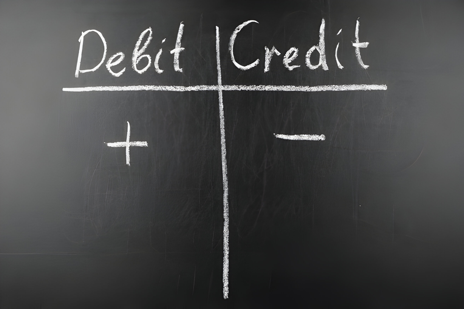 Chalkboard illustration of debits and credits with plus and minus symbols, representing the core concept of double entry bookkeeping