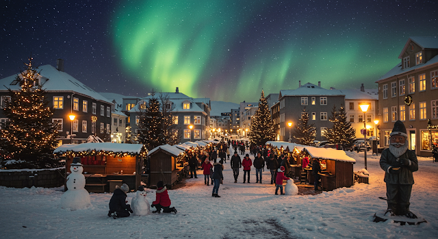 Celebrate Christmas in Reykjavik, Iceland, where the Yule Lads bring festive cheer and the Northern Lights add a magical glow to the snowy winter landsca