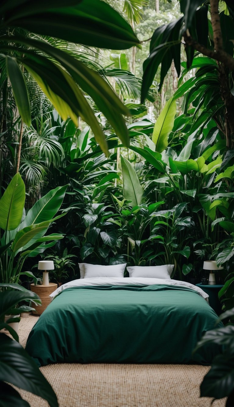 A lush jungle scene with various shades of green foliage and plants, creating a serene and natural atmosphere for a bedroom