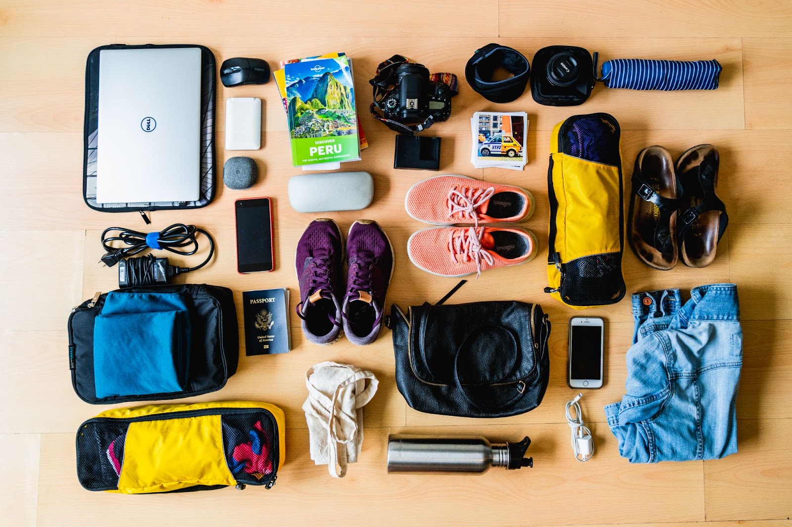 A flat lay of a traveler's belongings