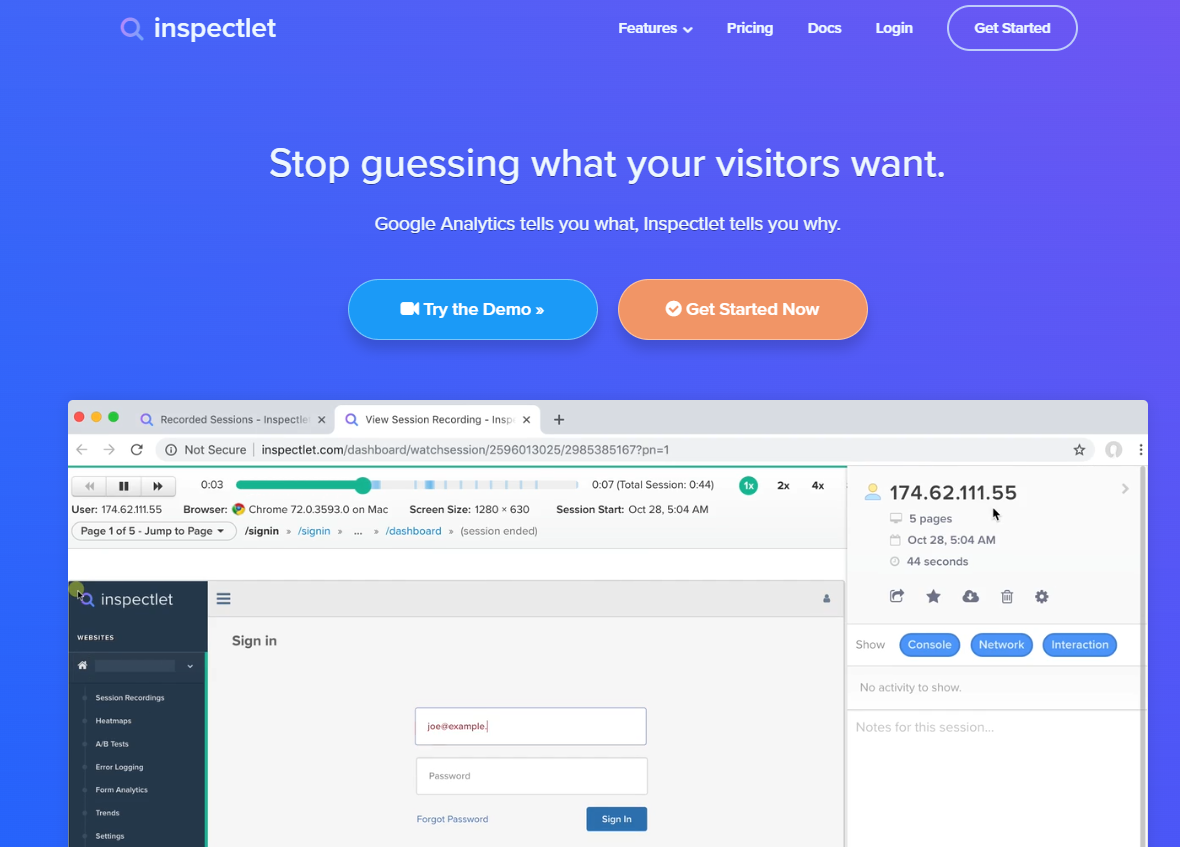 Inspectlet product analytics tool 