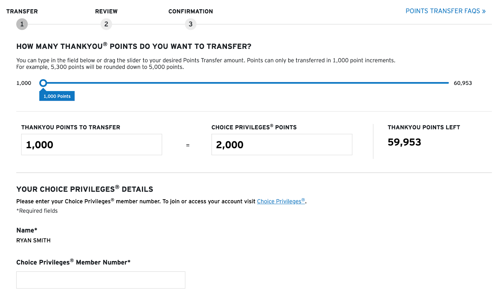 screenshot of inputting number of points to transfer