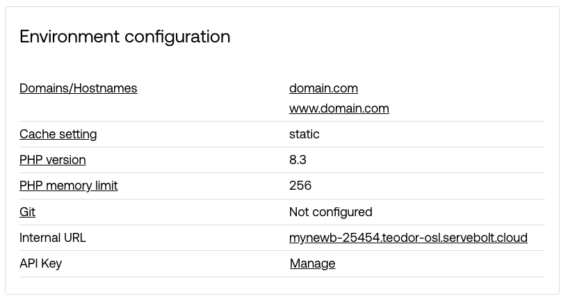 Image from the Servebolt Admin Panel, showcasing information about the "Environment configuration" for an environment