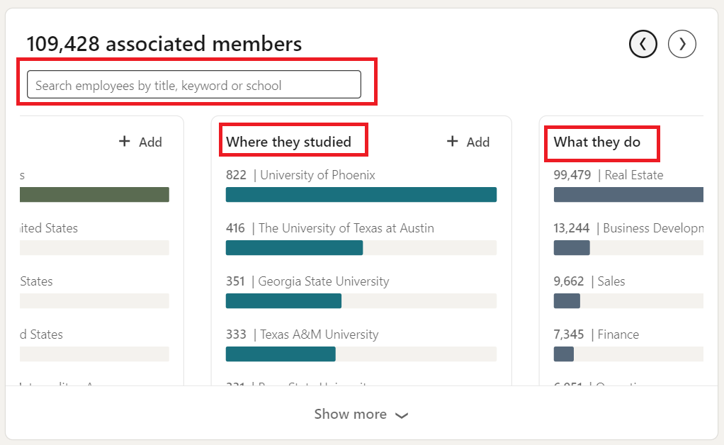 Image of the Kelly Williams Realtor People tab with red boxes around the search bar, where they studied, and what they do. 