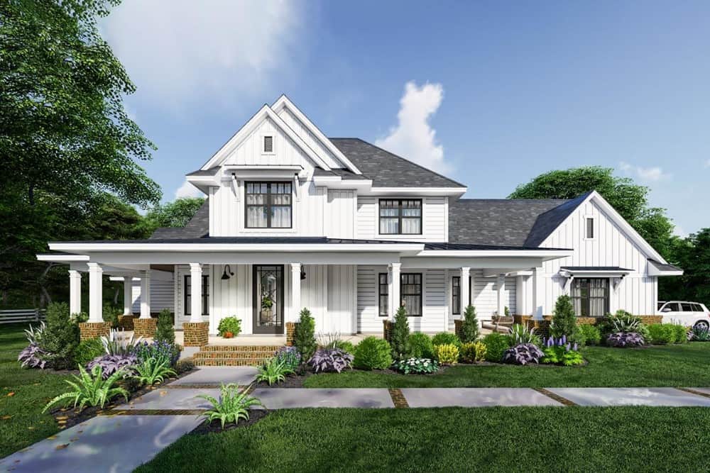 Two-Story 4-Bedroom Modern Farmhouse with Wraparound Front Porch and Bonus Room Over 3-Car Garage