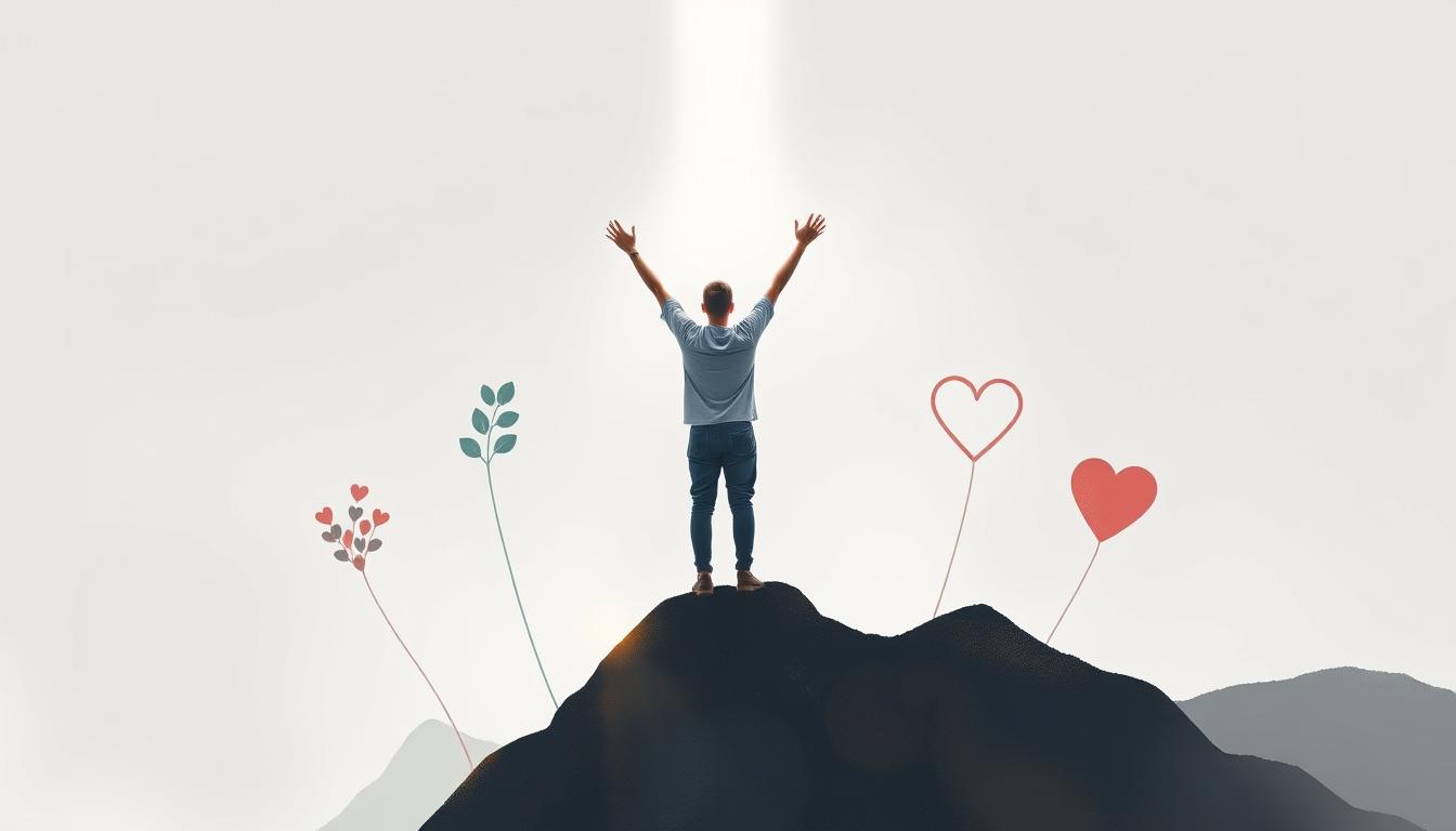 A person standing on top of a mountain, arms raised to the sky in gratitude, with a beam of light shining down on them. Surrounding them are different symbols representing things they are grateful for, such as a house, a plant, a pet, and a heart.