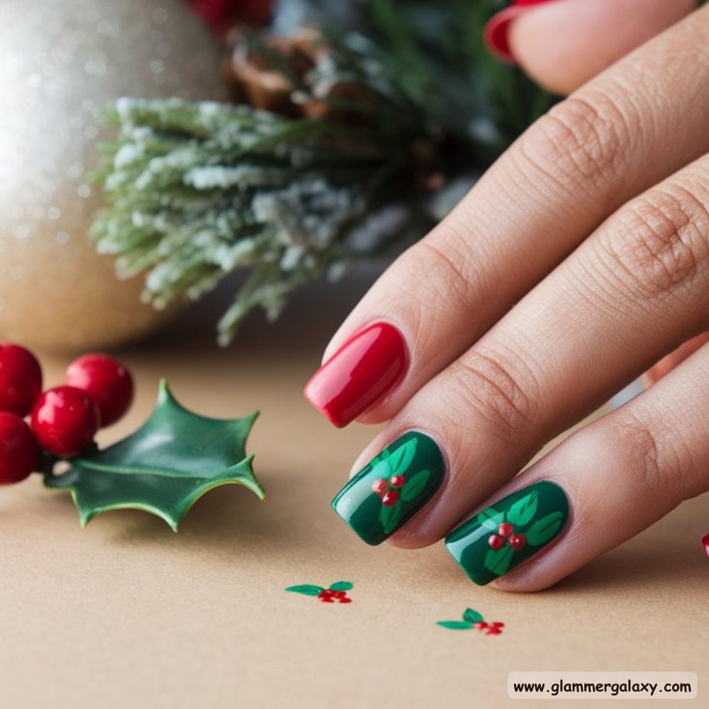 Short Christmas Nails having Classic Red and Green Combos