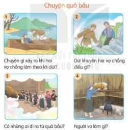 BÀI 27: CHUYỆN QUẢ BẦUĐỌCCâu hỏi: Dựa vào tên bài và tranh minh họa, hãy đoán xem câu chuyện nói về điều gì?Đáp án chuẩn:Các dân tộc được sinh ra từ quả bầu. TRẢ LỜI CÂU HỎICâu hỏi 1: Con dúi nói với hai vợ chồng điều gì?Đáp án chuẩn:Xin hai vợ chồng thương tình tha cho. Câu hỏi 2: Nhờ đâu hai vợ chồng thoát khỏi nạn lũ?Đáp án chuẩn:Nhờ có con dúi.Câu hỏi 3: Kể lại những sự việc kỳ lạ xảy ra sau khi hai vợ chồng thoát khỏi nạn lũ lụt?Đáp án chuẩn:Người vợ sinh ra một quả bầuMột hôm đi làm về, họ nghe thấy tiếng cười bên gác bếp từ quả bầuCâu hỏi 4: Theo em, câu chuyện nói về điều gì?a. Giải thích về nạn lũ lụt hàng nămb. Giải thích về nguồn gốc các dân tộc trên nước tac. Nêu cách phòng chống thiên tai, lũ lụt.Đáp án chuẩn:bLUYỆN TẬPCâu hỏi 1: Viết tên 3 dân tộc trong bài đọc.Đáp án chuẩn:Ê-đê, Ba-na, Kinh.Câu hỏi 2: Kết hợp các từ ở cột A với các từ ở cột B để tạo thành câu nêu đặc điểmĐáp án chuẩn:NÓI VÀ NGHE