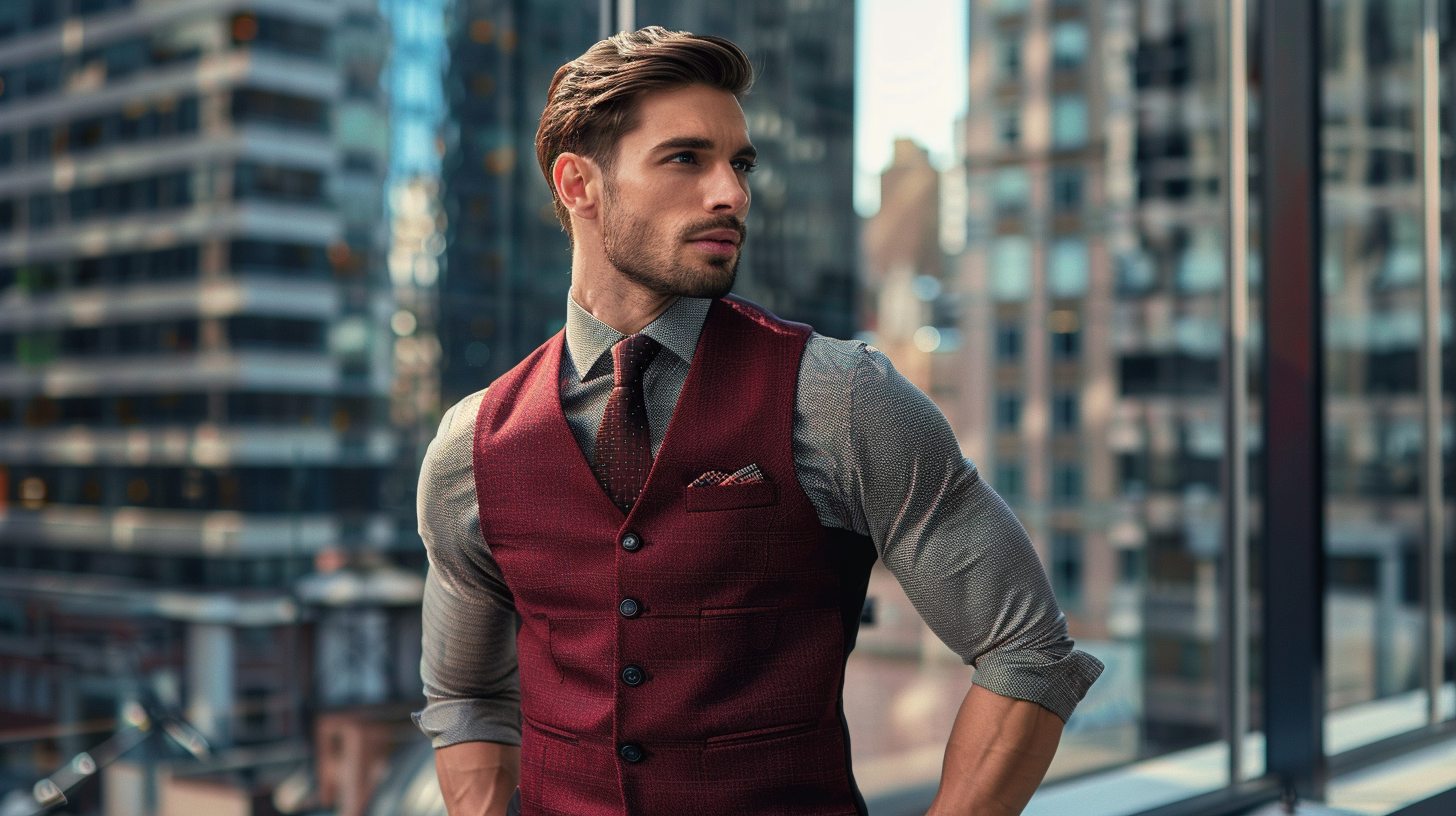 A fashionable man in a red vest featuring a sharp notch lapel, worn over a dress shirt with a tie. Structured and polished outfit, city backdrop, clean lines, formal but modern vibe