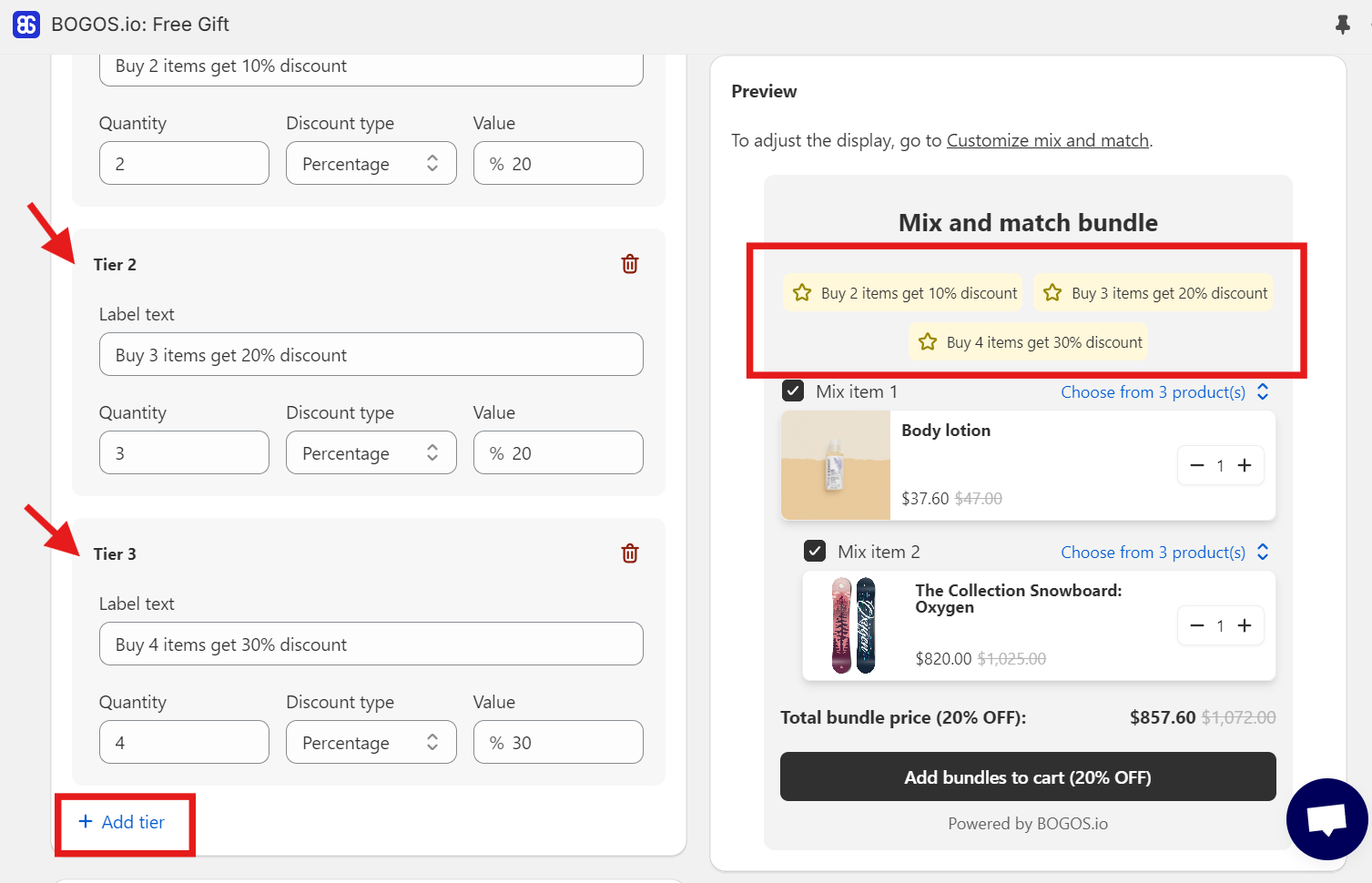 tiered mix and match bundle shopify with tiered discount level