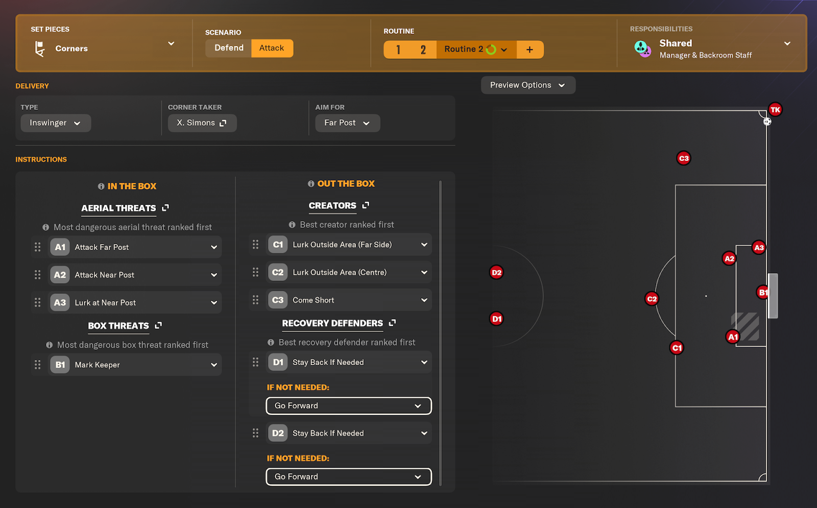 FM24 corner tactic: tactic menu.