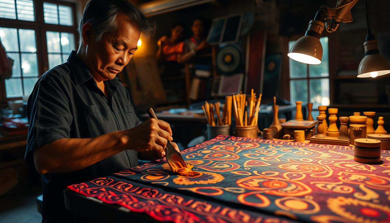 A dimly lit studio space, with warm incandescent lighting illuminating a tabletop scene. In the foreground, a skilled artisan carefully applies hot wax using a traditional tjanting tool, creating intricate patterns on a vibrant batik fabric. The wax pools and flows, forming undulating lines and organic shapes. In the middle ground, an array of colorful dyes, brushes, and wooden stamps stand ready, hinting at the next stages of the batik-making process. The background is softly blurred, focusing the viewer's attention on the mesmerizing waxing technique at the heart of this traditional Malaysian art form.