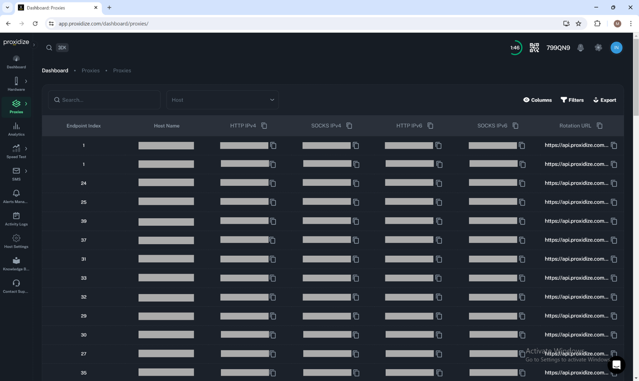 A screengrab of the Proxidize Cloud Dashboard with greyed out entries in the proxy list.