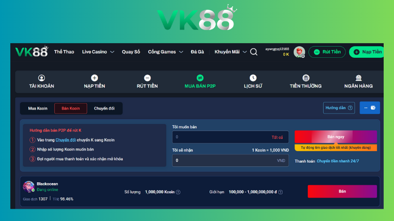 Cách giao dịch bán Kcoin trên sàn P2P VK88
