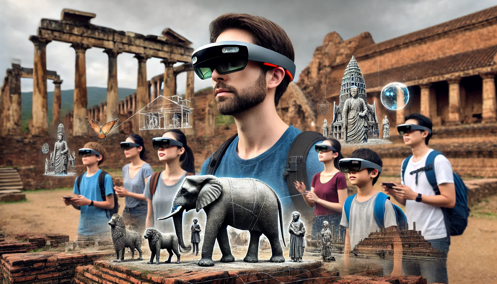 A group of tourists using AR glasses at a historical site. The augmented reality glasses overlay digital images of ancient ruins over the real-world environment, allowing visitors to visualize how the site looked in the past. The tourists are shown interacting with virtual animals and historical figures brought to life through AR technology.