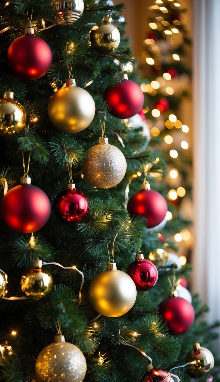 A festive tree adorned with gold and red Christmas baubles, surrounded by twinkling lights and other holiday decor