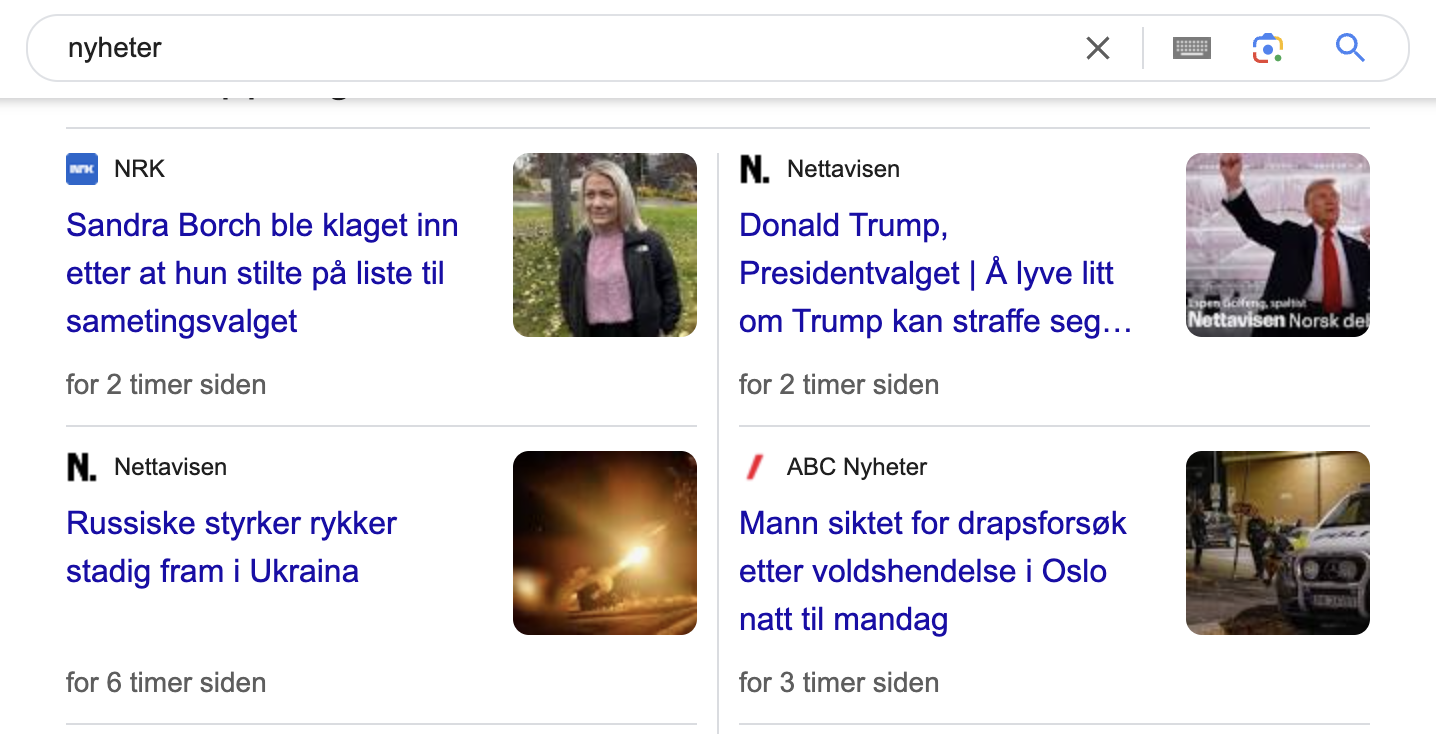 Skjermdump: Norske mediehus som bruker strukturert data for å vise nyhetsartiklene sine
