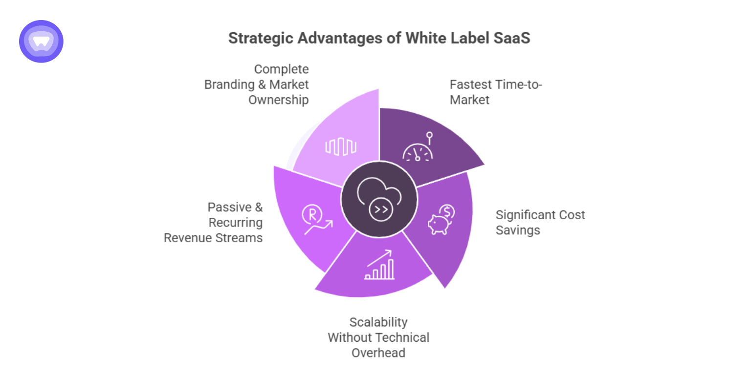 Pie chart showing benefits of starting a white label SaaS business, such as cost savings, fast time to market, and recurring revenue streams.