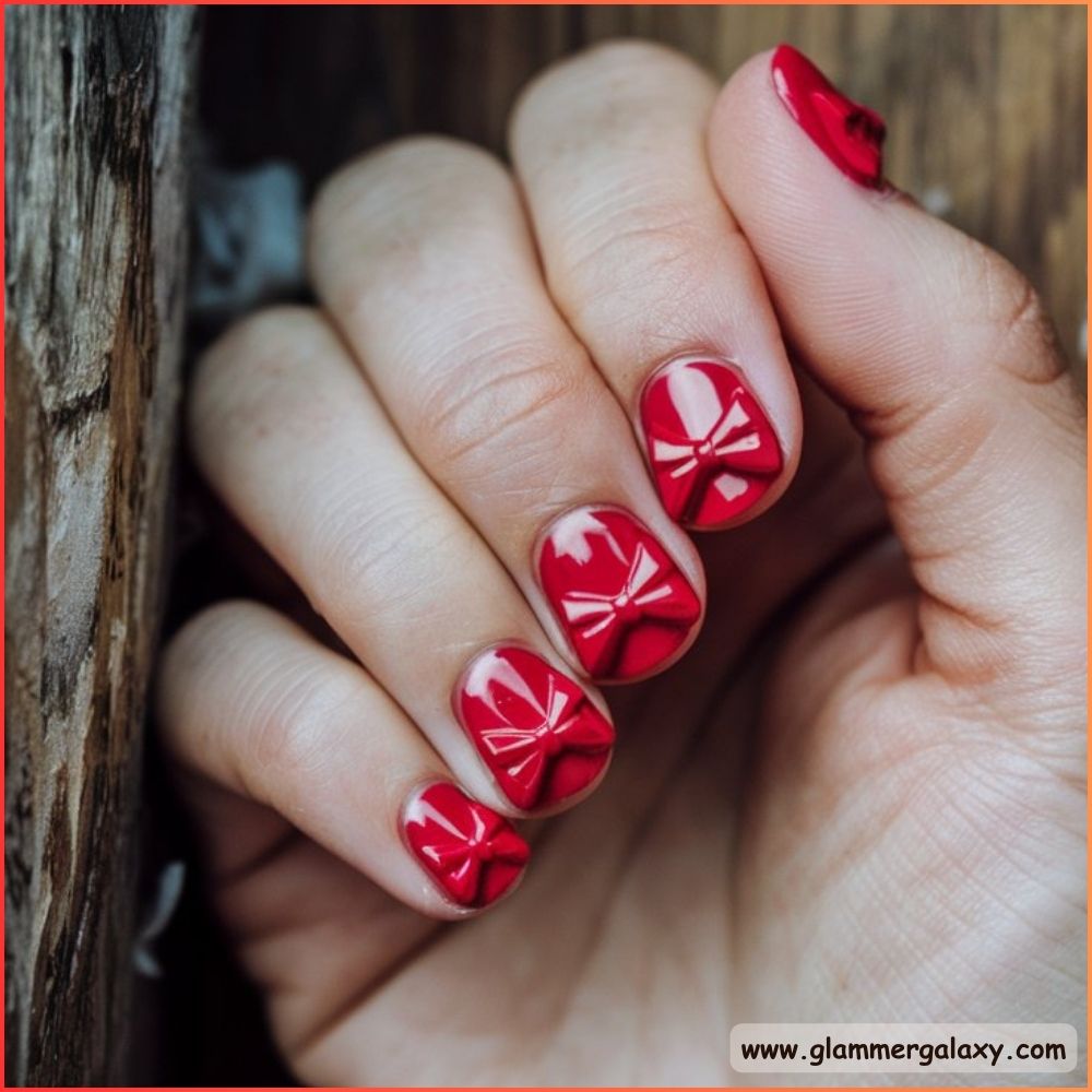 Red Summer Nails having Dimensional Bows Romantic Heart Tips