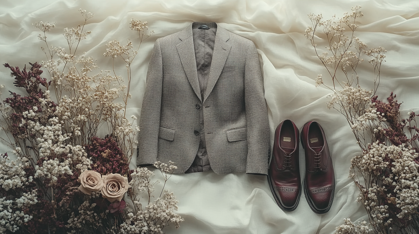 A men's gray suit, delicately and neatly laid flat on a soft, a little flowing white fabric, creating a serene and balanced composition. Beside the medium or dark gray suits is a pair of burgundy shoes placed with care, add some aesthetic display like dried flowers. The scene is softly illuminated with cool white lighting, casting gentle shadows that enhance the minimalist, aesthetic vibe.