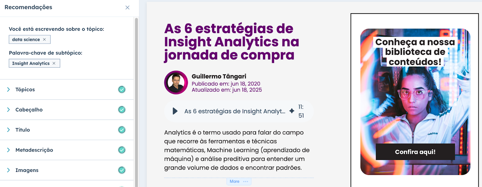 Interface do HubSpot exibindo recomendações de SEO para blog sobre Insight Analytics e data science, com validação de tópicos, título, cabeçalho e imagens.