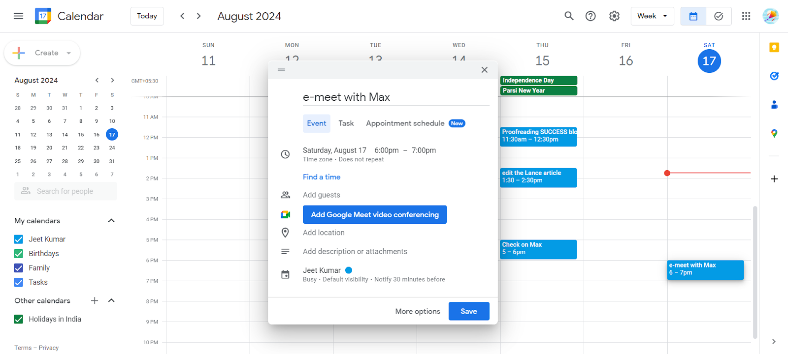 A snapshot of adding a meeting on Google Calendar.