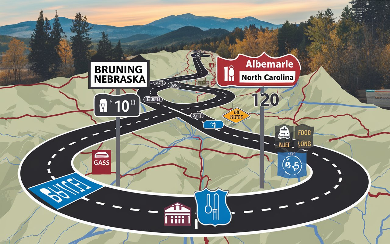 Distance from Bruning Nebraska to Albemarle NC