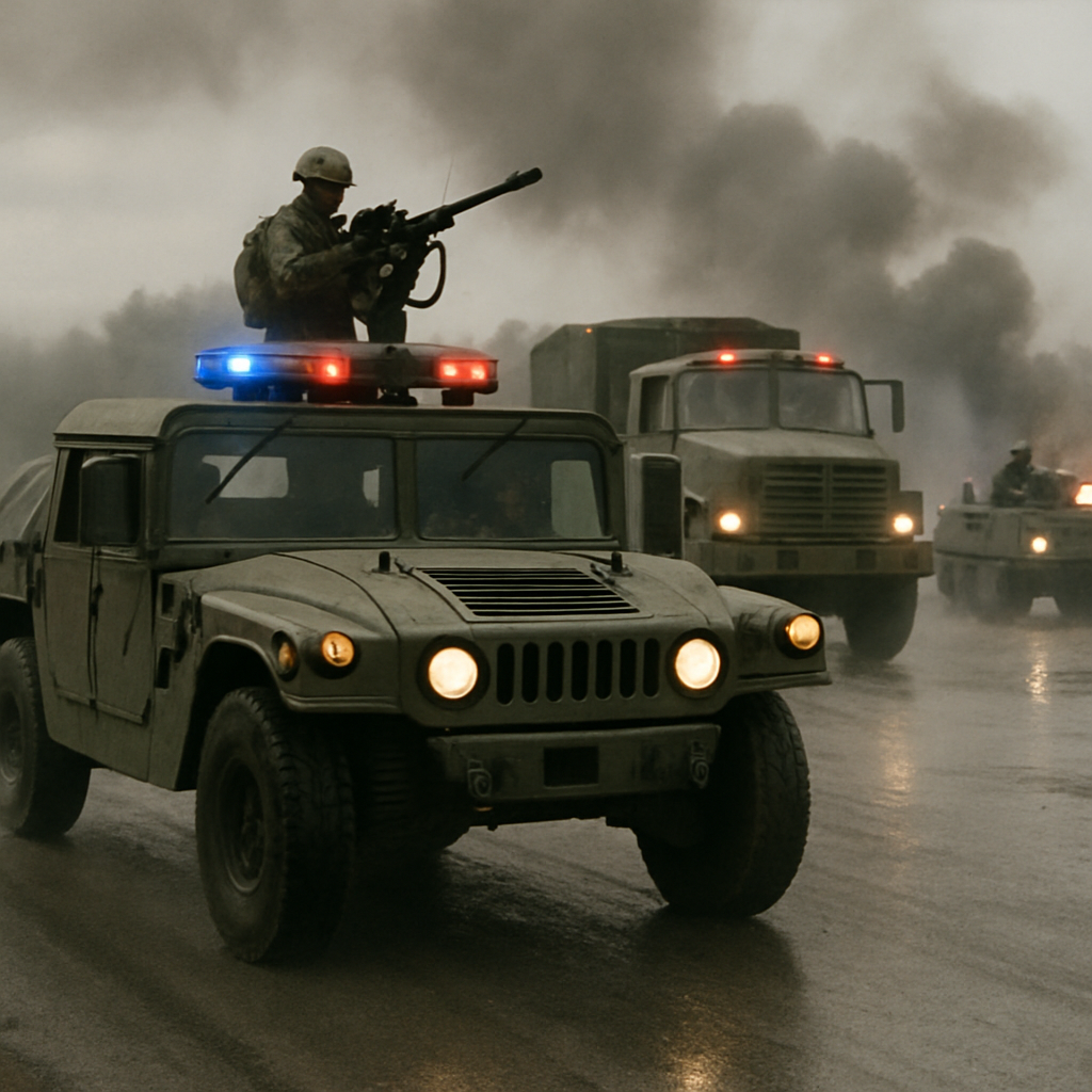 military vehicles in action during an emergency response
