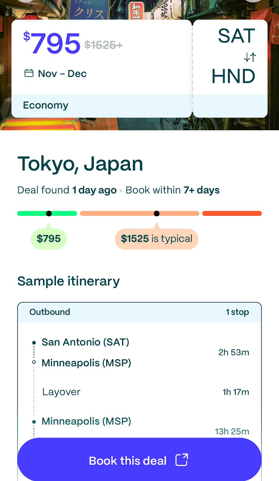 Screenshot of a last-minute flight to Tokyo for $795
