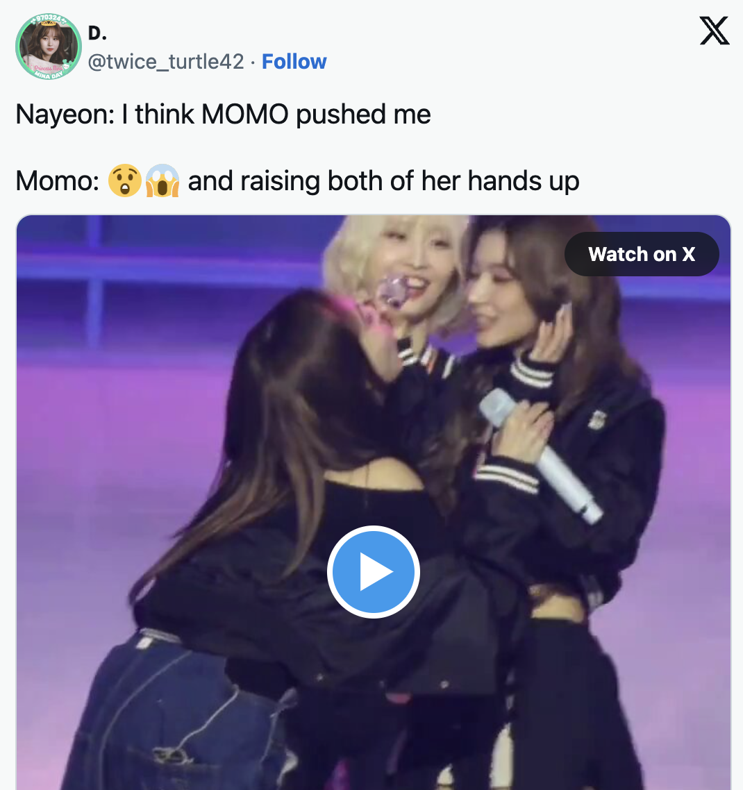 A tweet on X concerning the TWICE Nayeon Sana accidental kiss