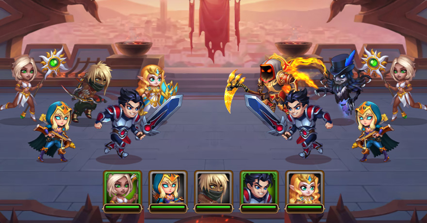 Hero Wars characters fighting on a battlefield. 