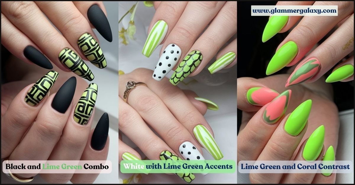 Three photos showcasing lime green accent nail designs with black contrasts and patterns.