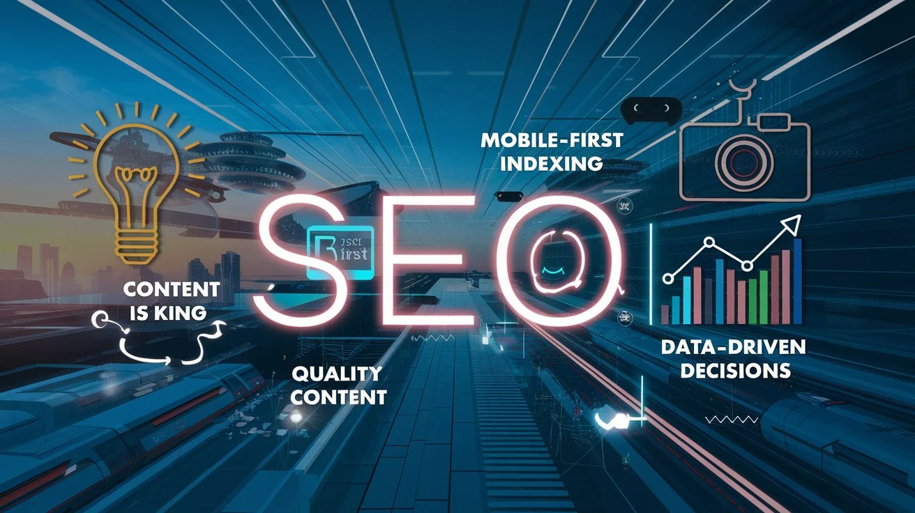 A futuristic-themed graphic illustrating emerging SEO trends, featuring digital technology and innovative design elements.