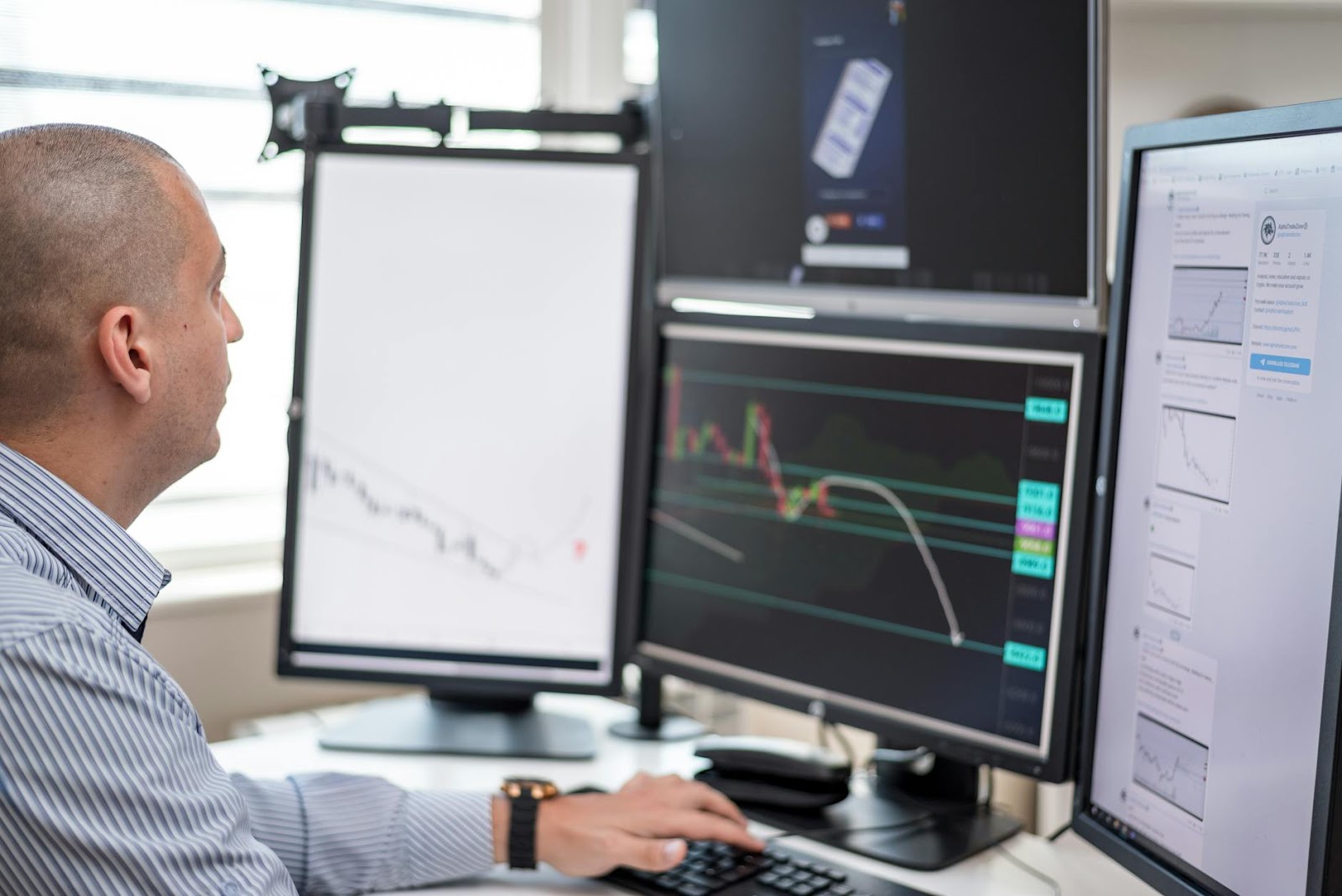 Stock trader analyzing financial graphs on multiple computer monitors in an office setting.