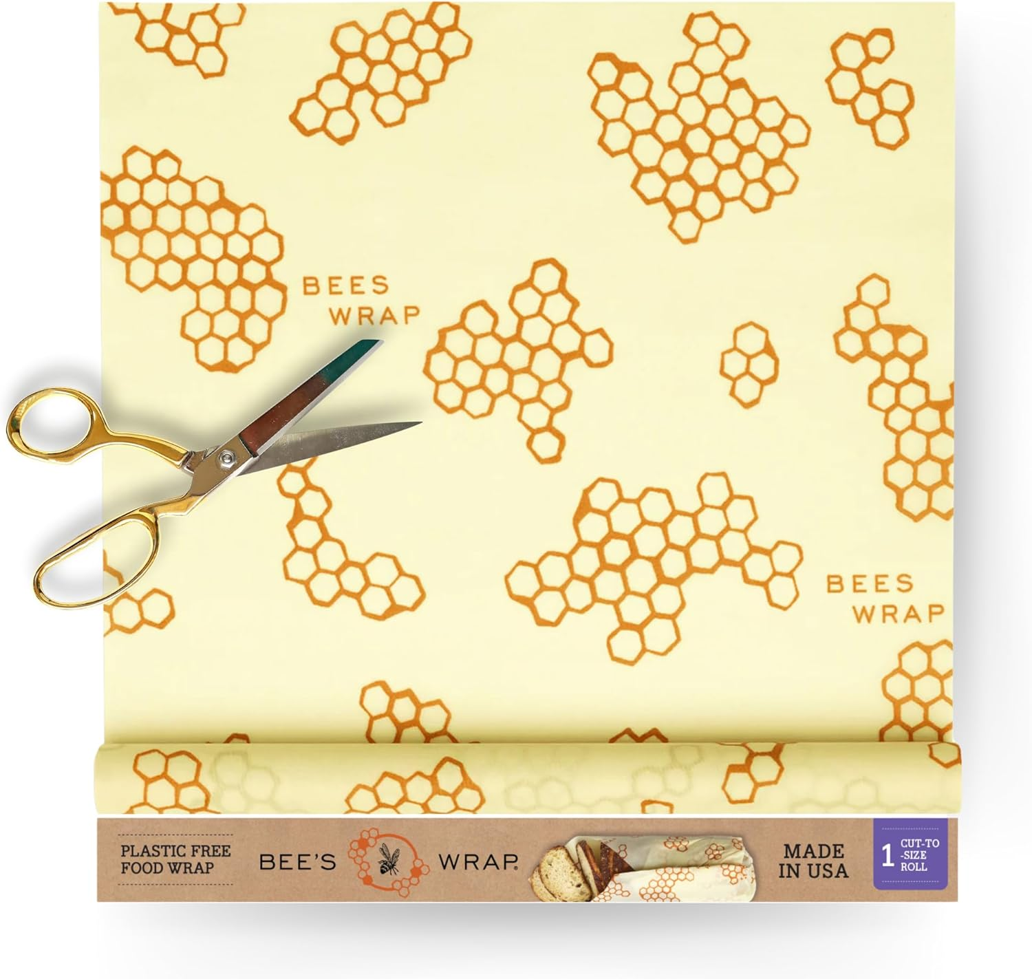 Beeswax wrap roll with honeycomb pattern and scissors, ideal for plastic-free food storage.